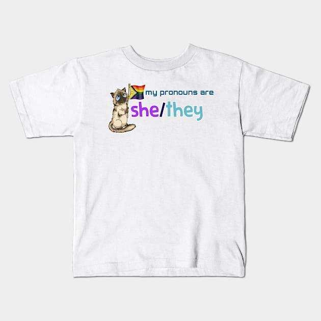 My Pronouns with Chocolate (She/They) Kids T-Shirt by Crossed Wires